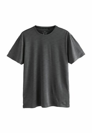 T-shirt grigio scuro a maniche corte con una sottile texture a righe, colletto rotondo e etichetta con logo sull'orlo in basso a sinistra. Materiale leggero.