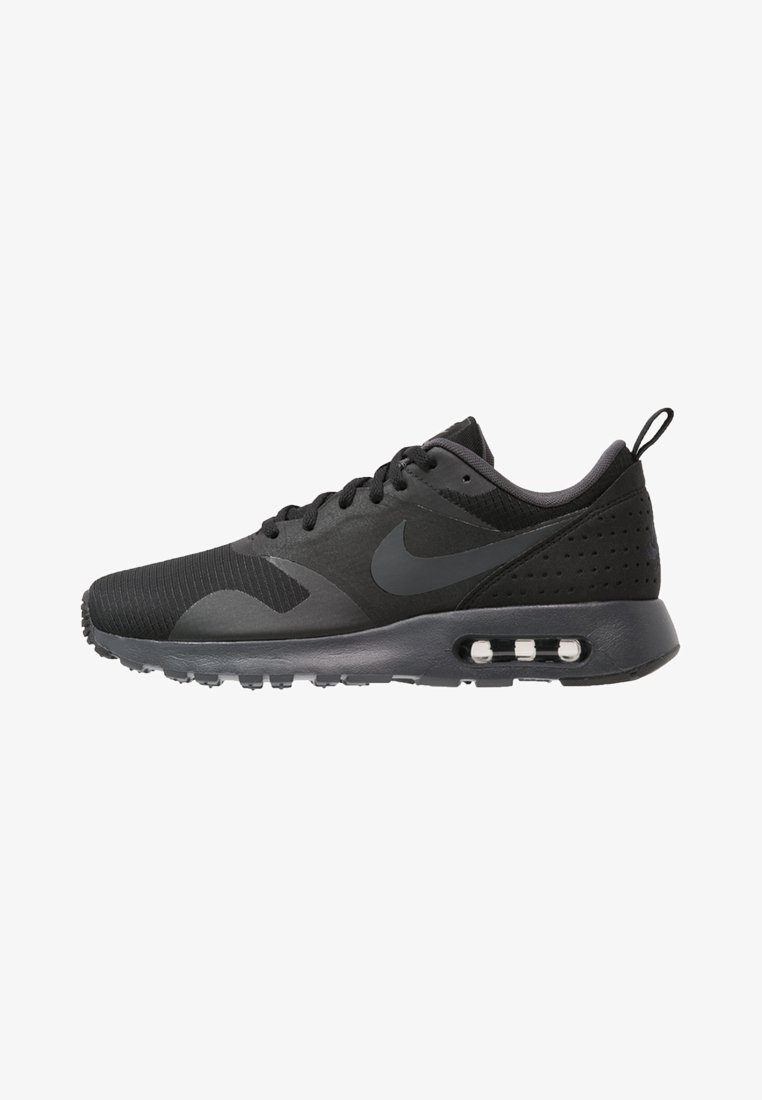 Black Nike Air Max sneaker with visible air cushion sole, lace-up design, and pull tab on the heel, shown from the side.