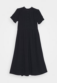 Czarna sukienka do kolan, wykonana z miękkiego materiału. Posiada krótkie falbaniaste rękawy, okrągły dekolt oraz zapięcie na guziki na froncie.