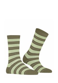 Braun und hellgrün gestreifte Socken mit einem gerippten Bund und glatter Textur, die durchgehend kontrastierende schmale und breite Streifen aufweisen.