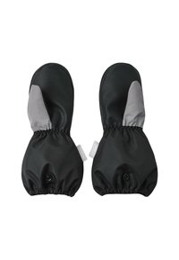 Schwarze wasserdichte Fäustlinge mit grauen Akzenten, elastischen Bündchen und einer glatten Textur. Mit Knöpfen für einen sicheren Sitz und Markentags an den Seiten.