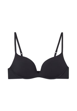 Soutien-gorge push-up noir avec des bonnets lisses et moulés, des bretelles fines et réglables, et un design sans coutures. Fabriqué en tissu doux avec une finition mate.