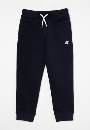 Pantaloni della tuta blu navy realizzati in tessuto morbido, con un cordino bianco e un piccolo logo sulla gamba sinistra, e polsini a coste alle caviglie.