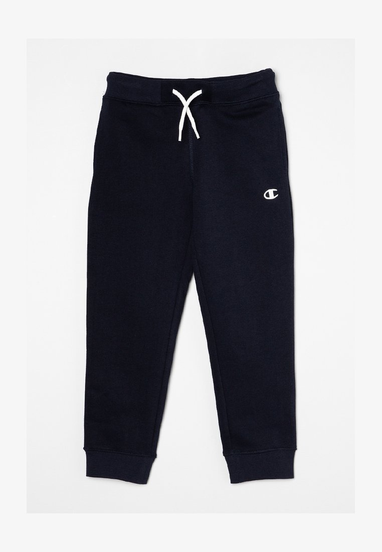 Pantaloni della tuta blu navy realizzati in tessuto morbido, con un cordino bianco e un piccolo logo sulla gamba sinistra, e polsini a coste alle caviglie.