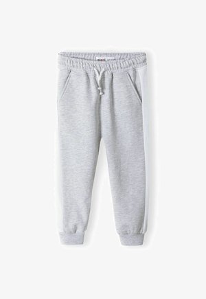 Lichtgrijze joggingsbroek met witte zijkanten, elastische tailleband met drawstring, twee zijzakken en geribde manchetten. Gemaakt van zachte stof.