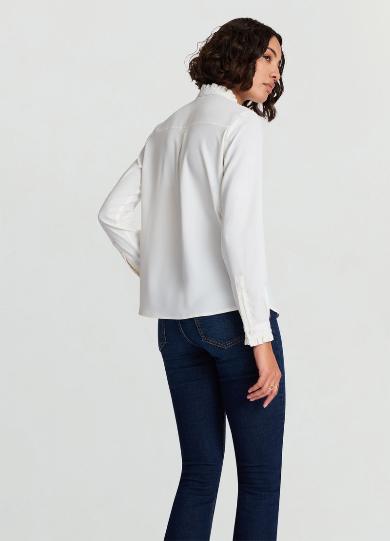 Camicia da donna con bottoni, colletto alla coreana, con volant, a