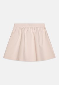 Pale pink, knee-length skirt made of soft fabric, featuring an elastic waistband and gathered design for a flared silhouette.