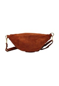 Sac banane en suède brun avec une forme arrondie, une sangle ajustable et des finitions en ton doré. Texture douce et design minimaliste.
