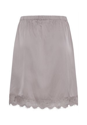 Demi-jupon gris clair avec taille élastique et bordure de dentelle festonnée à l'ourlet, conçu pour être porté sous des jupes ou des robes.