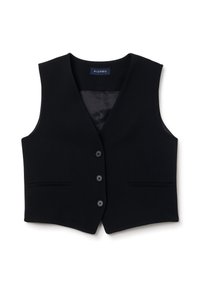 Gilet nero con una vestibilità aderente, caratterizzato da un collo a V, quattro bottoni frontali e due tasche laterali. Tessuto dalla superficie liscia.