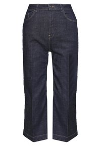 Dark blue denim jeans with a straight-leg design, featuring front pockets, a zip fly, and visible stitching details.