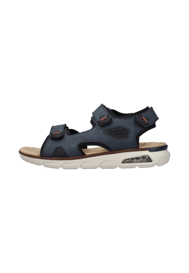 Dark blue sandals with adjustable straps, made from synthetic material, featuring a light-colored sole with cushioning and air pockets.