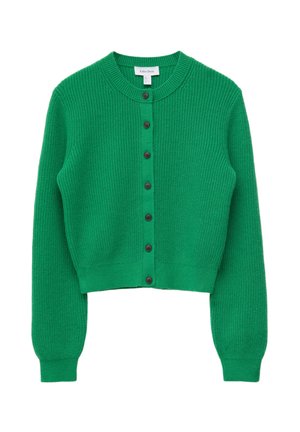 Green knit cardigan with long sleeves, round neck, button-down front, and ribbed cuffs and hem.