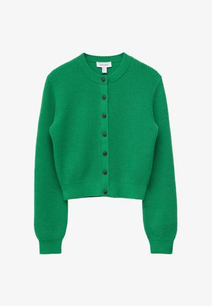Groene gebreide cardigan met lange mouwen, ronde hals, knoopsluiting aan de voorkant en geribbelde boorden aan mouwen en zoom.