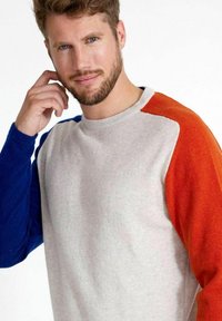 Maglione color-block con un corpo grigio chiaro, manica sinistra blu e manica destra arancione. Texture morbida con design a collo rotondo.