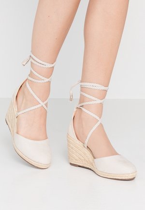 Pieds chaussés d'espadrilles compensées beiges avec des brides tressées autour des chevilles, nouées autour des jambes inférieures, sur un fond blanc.