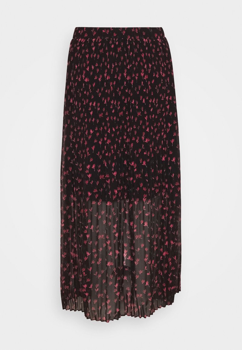 Jupe midi plissée noire avec petit motif floral rose, partie inférieure semi-transparente, ceinture élastique et ourlet asymétrique.