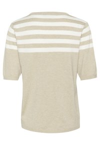 Beige kortærmet striktop med vandrette hvide striber på den øverste del af ryggen og ærmerne, vist fra bagsiden.