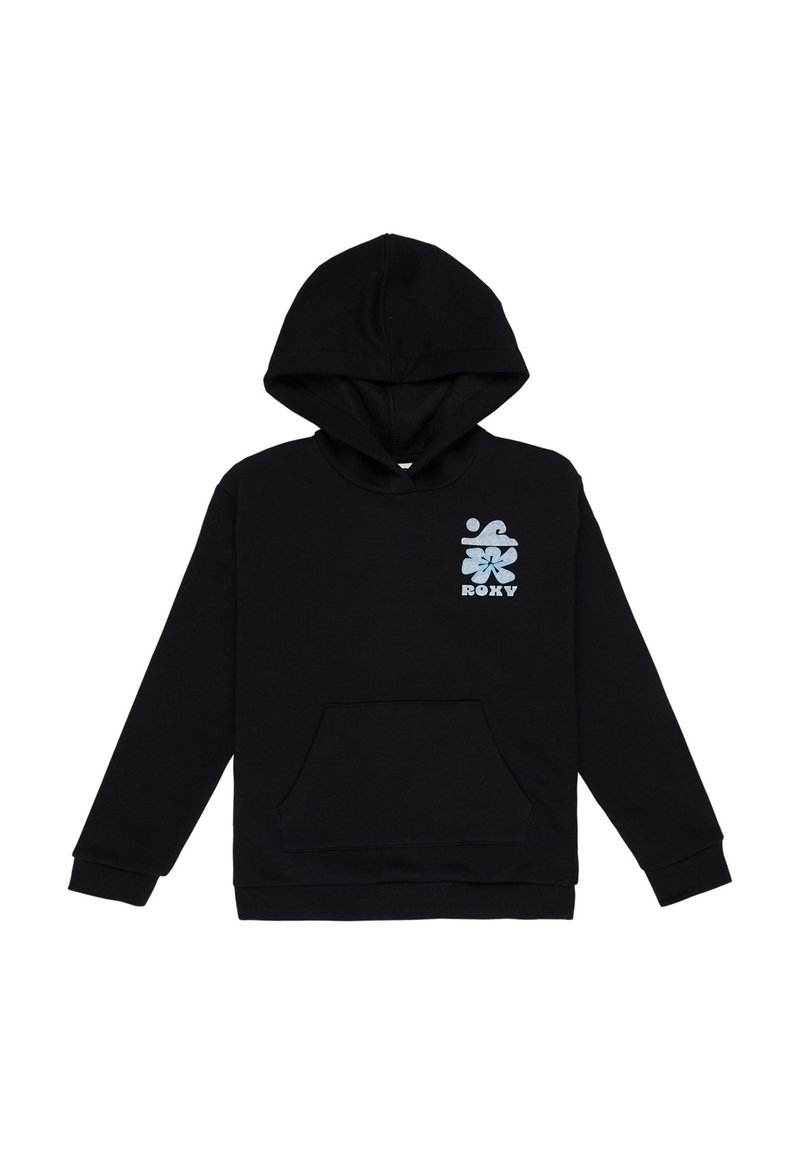 Sudadera negra de mezcla de algodón con un bolsillo frontal. Cuenta con un logo gráfico en azul claro en el área del pecho izquierdo. Corte regular, mangas largas.