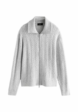 Svetle šedý kardigan s pleteným vzorem, vysokým límcem, celoplošným zipem, elastickými manžetami a lemem, s texturovanými vzory po celém povrchu.