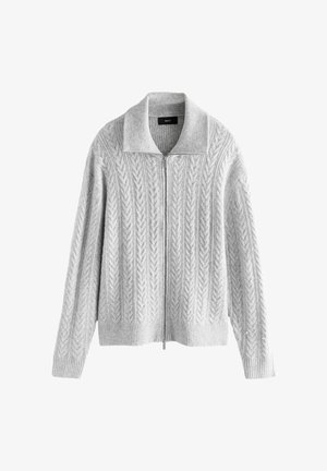 Svetle šedý kardigan s pleteným vzorem, vysokým límcem, celoplošným zipem, elastickými manžetami a lemem, s texturovanými vzory po celém povrchu.