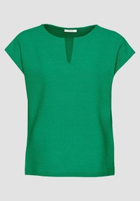 Zelený krátký rukáv top v texturované tkanině, s kulatým výstřihem a klíčovou dírou vpředu. Rovný lem, uvolněný střih.