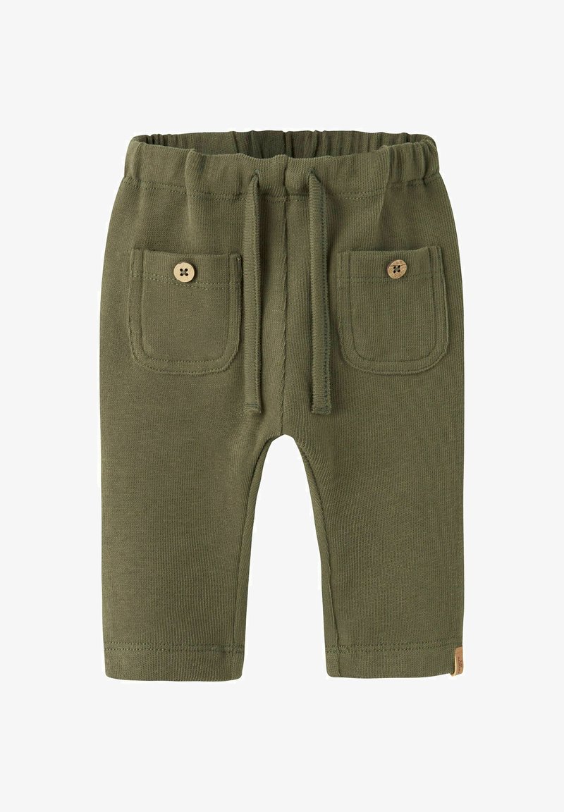 Pantalon vert olive pour tout-petit avec taille élastique, cordons à l'avant et deux poches plaquées boutonnées.