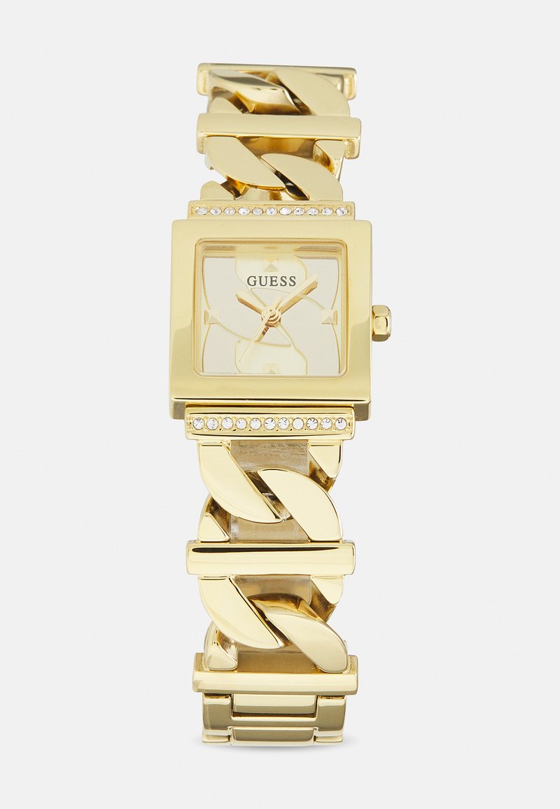 Goldfarbene Uhr mit quadratischem Ziffernblatt und Gliederarmband. Verfügt über ein mit Kristallen besetztes Band, ein minimalistisches Ziffernblatt und eine glatte, glänzende Oberfläche.