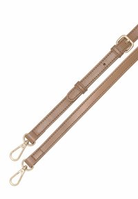 Brązowy skórzany pasek z dwoma złotymi zapięciami. Posiada gładką fakturę i regulowaną długość z klamrą dla wszechstronności.