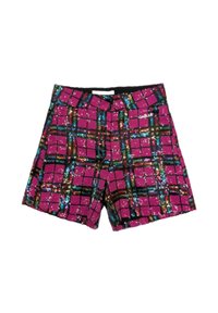 Pantaloni corti rosa in paillettes con un motivo a griglia caratterizzato da linee nere e accenti multicolori. Vita elastica con dettaglio del logo.