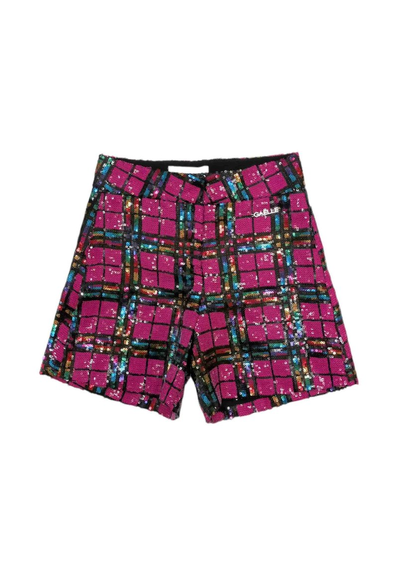 Pantaloni corti rosa in paillettes con un motivo a griglia caratterizzato da linee nere e accenti multicolori. Vita elastica con dettaglio del logo.