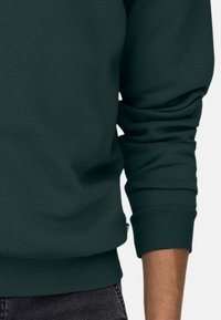 Tummanvihreä collegepaita, jossa on ribbineulottu kaula-aukko ja hihansuut, pehmeällä kankaalla ja rento leikkaus. Näkyvät saumat ja logotunnus yksityiskohtana.