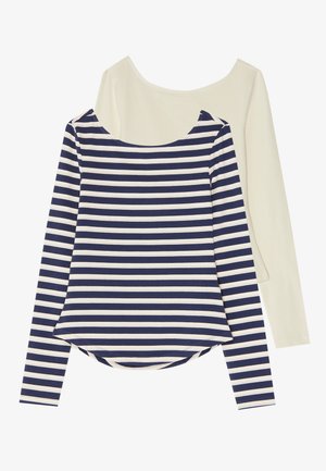 Ensemble de deux hauts à manches longues : un crème, un bleu marine et blanc à rayures. Les deux présentent un col rond et un ourlet arrondi. Tissu en coton doux.