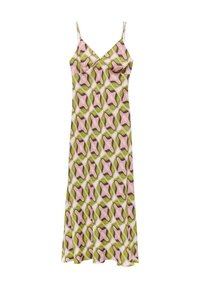Satin midi haljina s tankim naramenicama, koja ima geometrijski uzorak u ružičastoj, zelenoj i smeđoj boji na svijetloj podlozi. Širi rub.