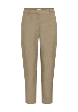 Pantaloni beige aderenti con passanti per cintura, cerniera frontale e design a gamba dritta in un tessuto simile al lino.