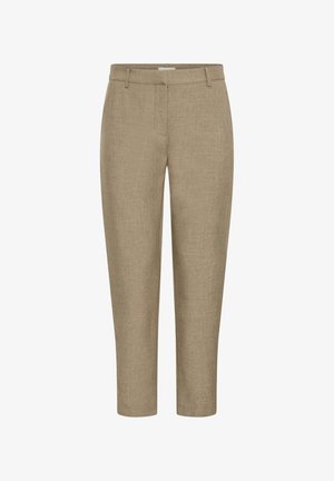 Pantaloni beige aderenti con passanti per cintura, cerniera frontale e design a gamba dritta in un tessuto simile al lino.