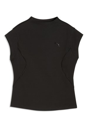 Camiseta deportiva negra sin mangas con cuello redondo y pequeño logo de Puma en el pecho izquierdo, con detalles sutiles en las costuras.