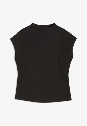 Zwart mouwloos sporttopje met een ronde hals en een klein Puma-logo op de linkerborst, voorzien van subtiele naaddetails.