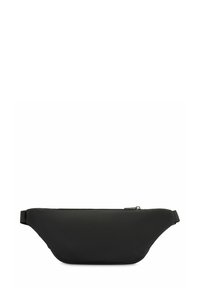 Czarna nerka wykonana z gładkiego, wodoodpornego materiału, z zamknięciem na zamek błyskawiczny i regulowanym paskiem, o eleganckim, minimalistycznym designie.