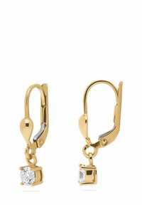 Guldtonade hängande örhängen med en klar rund kristall i en fyrkantig infattning, med en slät och polerad finish samt hängande design.