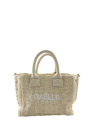Borsa tote beige intrecciata con due manici corti, tessuto struttura e "GAËLLE PARIS" ricamato sulla parte anteriore.