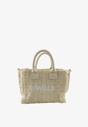 Borsa tote beige intrecciata con due manici corti, tessuto struttura e "GAËLLE PARIS" ricamato sulla parte anteriore.
