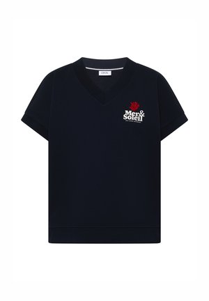 T-shirt noir à manches courtes avec col en V, texte « Mer & Soleil » et motif corail rouge sur la poitrine gauche.