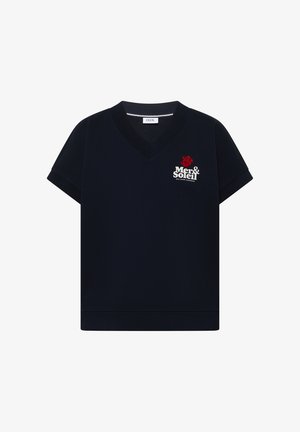 T-shirt noir à manches courtes avec col en V, texte « Mer & Soleil » et motif corail rouge sur la poitrine gauche.