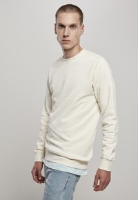 Kerevän kauluksen sweatshirt off-white värviga, valmistatud pehmest kangast. Omab pikka varrukat ja soonitud mansette. Kihtide kaupa seljas helesinine särk ja teksapüksid.