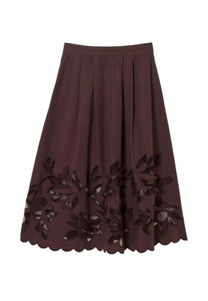 Fustă A-line mov închis cu tiv ondulat și detalii din dantelă cu decupaje florale pe marginea inferioară.