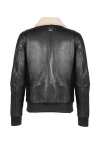 Černá kožená bomber bunda s béžovým kožíškovým límečkem, žebrovanými manžetami a pasem, zobrazená zezadu na bílém pozadí.