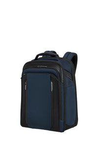 Zaino in tessuto blu navy con accenti neri, doppia cerniera, spallacci imbottiti e maniglia superiore. Presenta una tasca frontale con cerniera e un design elegante.