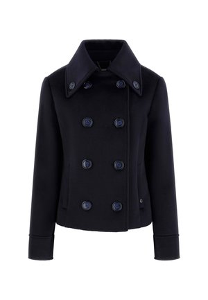 Pardessus in lana blu navy con chiusura doppiopetto, ampio colletto, sei bottoni blu e tasche laterali. Presenta una trama liscia.
