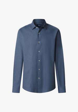 Langarm, knoopsluiting shirt van donkerblauwe stof met een subtiele textuur. Beschikt over een klassieke kraag en een afgeronde zoom met knoopsluiting.